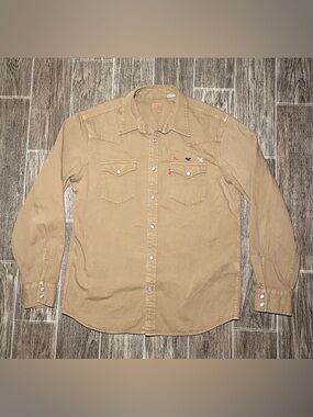 Levi's Classic Western Angler Pearl Snap Shirt Fly Fishing Men’s Medium Tan